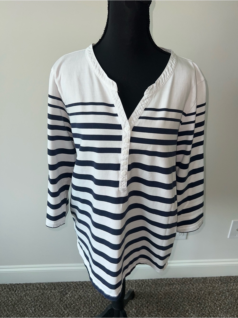 L.L. Bean Navy & White Striped Henley Long Sleeve Top Coastal 100% Cotton
